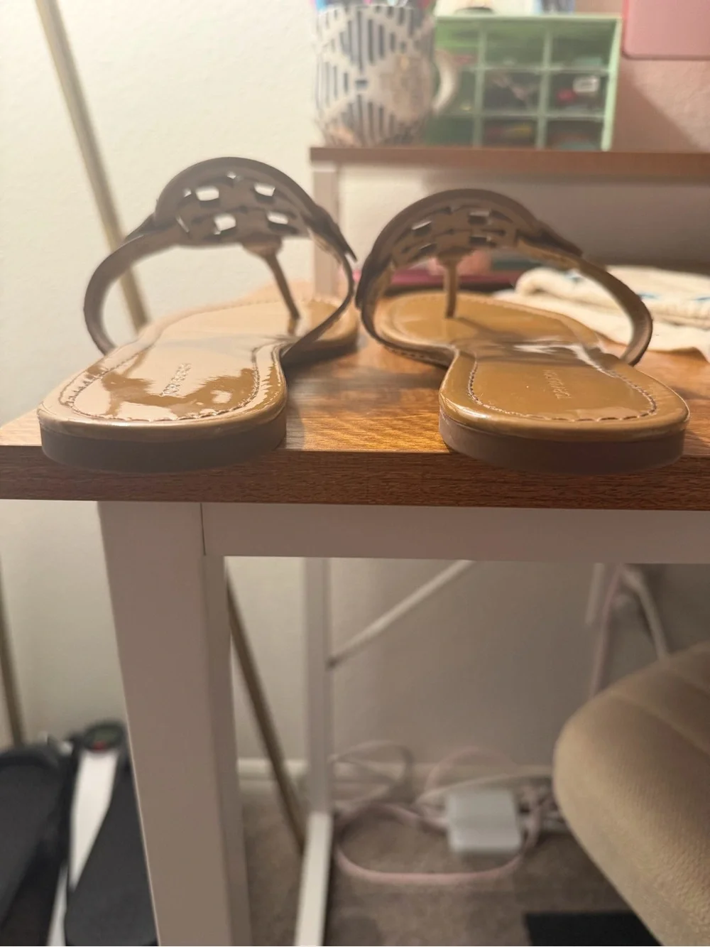 Tory Burch Camel Patent Miller Logo Thong Sandals